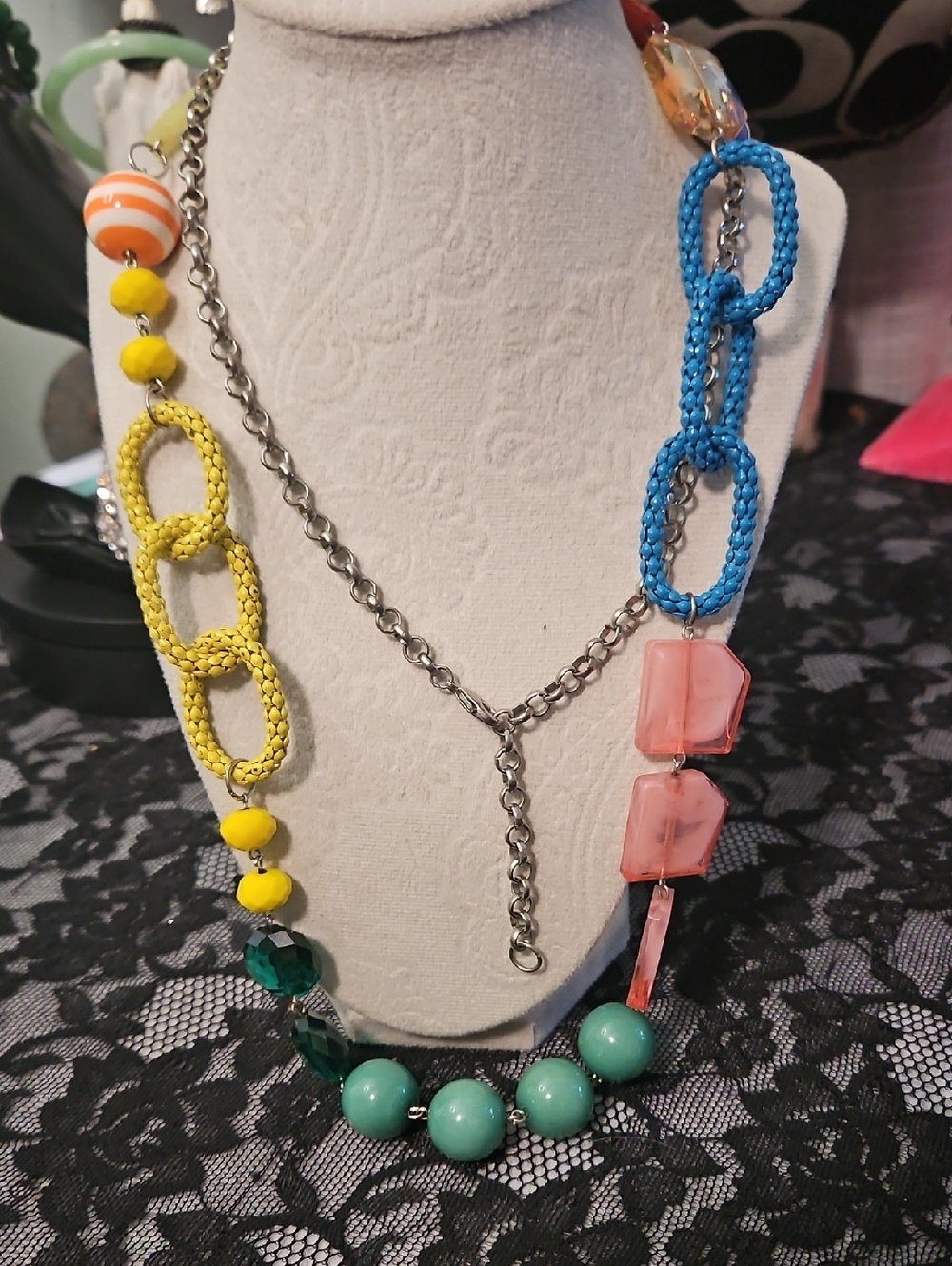 Multicolor Statement Necklace with Yellow, Blue, Pink and Green Accents